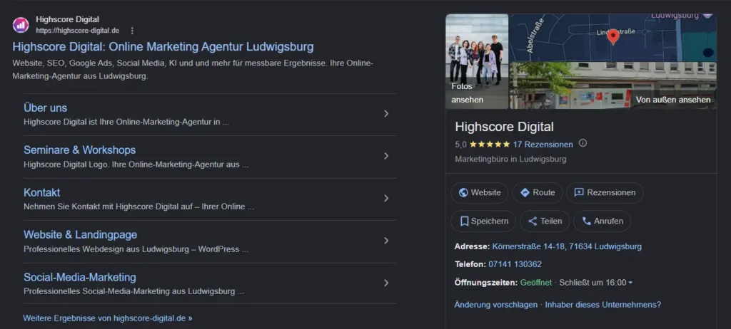 Google Unternehmensprofil in der Google Suche
