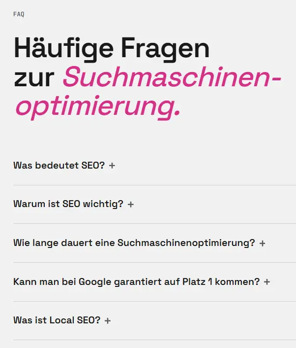 Screenshot aus unserer SEO-Seite: Häufige Fragen zu SEO.