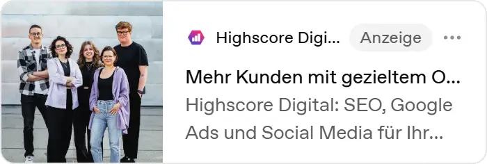 Beispiel einer ChatGPT Ad von Highscore Digital mit Anzeige unterhalb einer ChatGPT-Antwort.